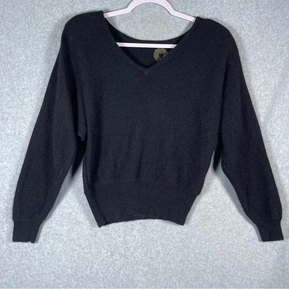 Sk & Company‎ Petite 80s Vintage Lambswool Angora Rhinestone Gem Black Sweater M